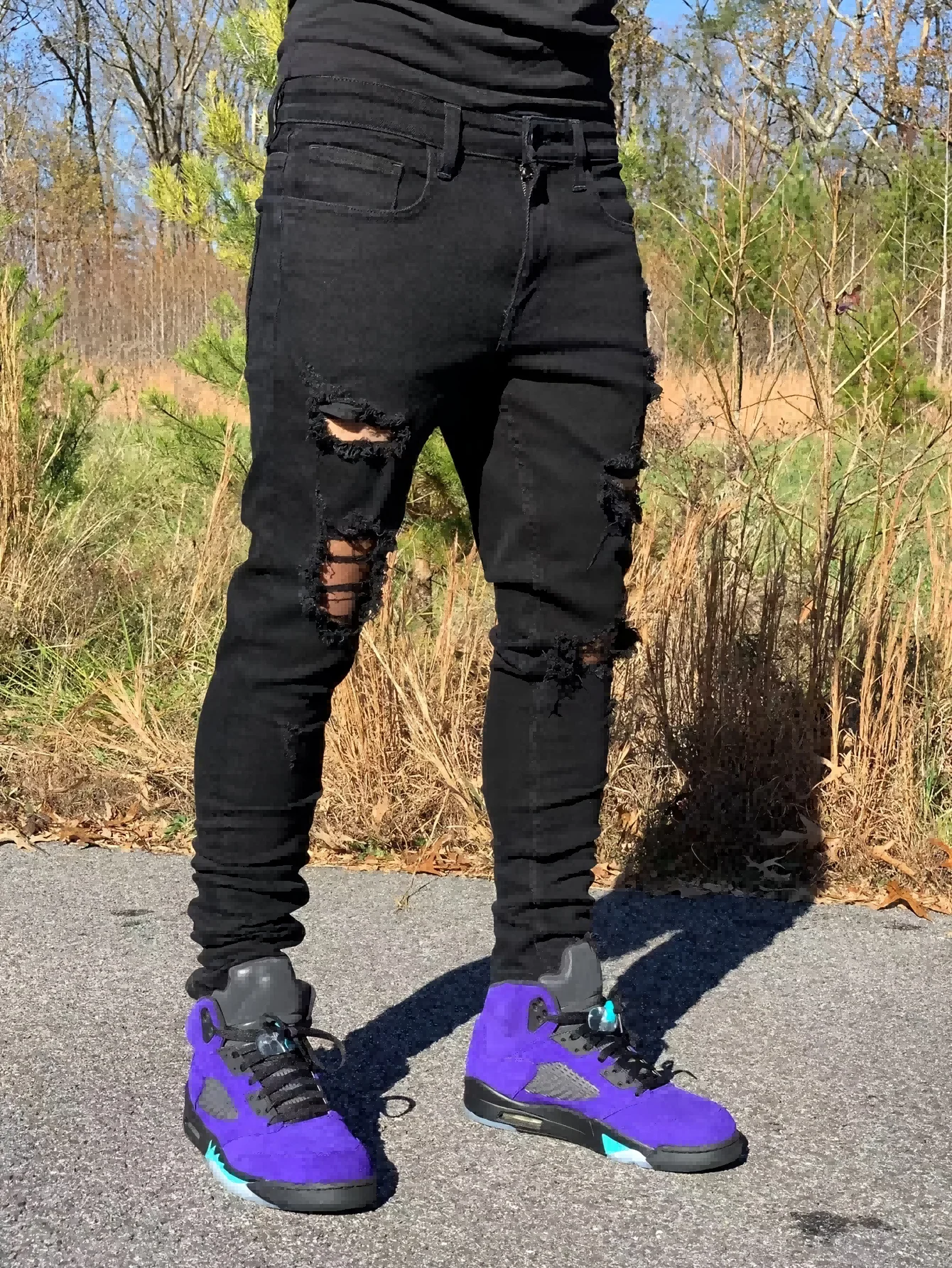 بنطال جينز ضيق ممزق أسود للرجال - بنطال هيب هوب ملابس الشارع الشهير #2