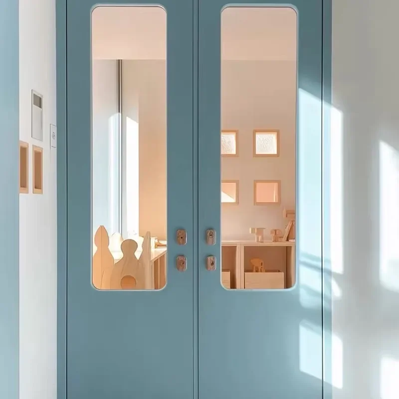 for Small Blue Antique Double Open Solid Wood Door for Bedroom Kitchen Bathroom Very Narrow Glass Painted Door