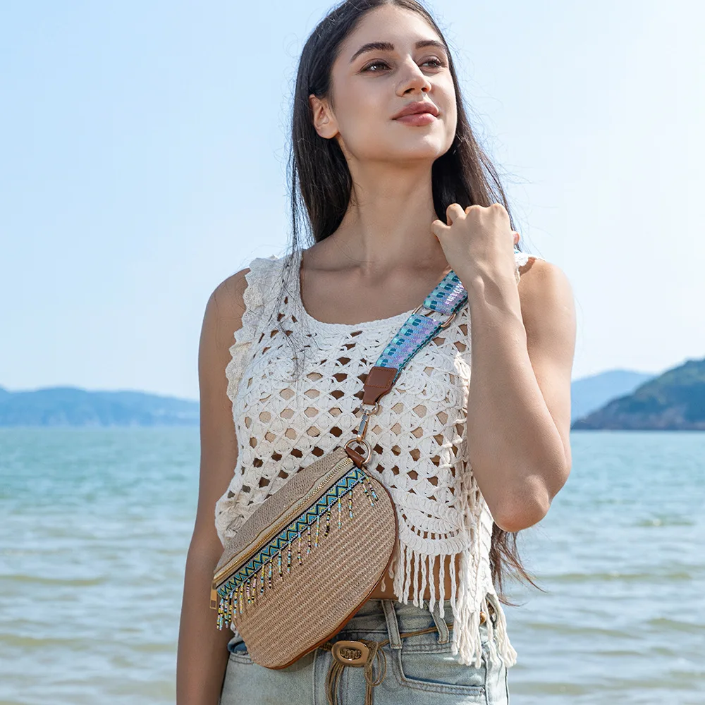 

Seaside Travel Tassel Chest Bags for Women Beach Vacation Vintage Woven Bag 2025 Summer Straw Bag