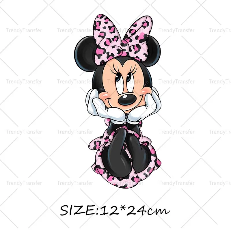 Roze Luipaard Minnie Mouse Karakter Opstrijkpatronen DTF Prints Warmtepersstickers voor kleding Strijkstickers