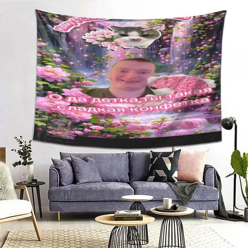 VIKAMA Ausgefallener Retro-Meme-Wandteppich mit kosmischem Hintergrund, Burger, Schwarzes Loch, russischer Schriftzug, Mann-Print, Wandbehang für Wohnzimmer-Dekoration