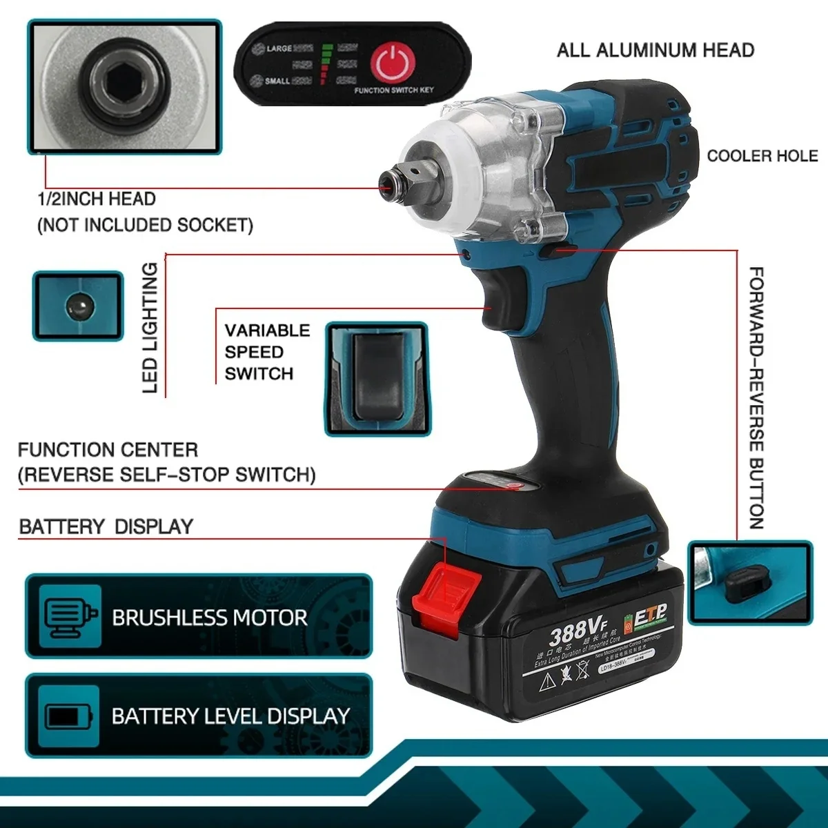 Imagem -02 - Brushless Electric Impact Wrench Chave sem Fio 12 Makita 18v Bateria Chave de Fenda Ferramentas Elétricas 520 N.m