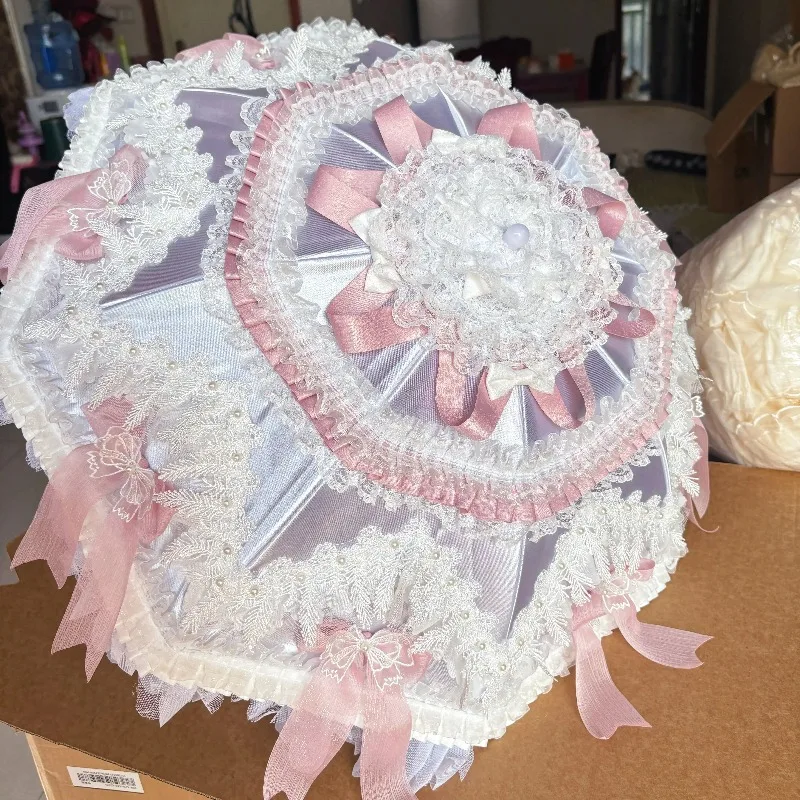 Original Lolita Princess Lace Parasol Pink White Frilly Umbrella for Wedding Photoshoot Vintage Photography Prop for Cosplay