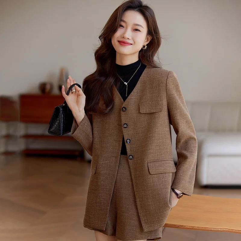 Collarless Suit Jacket for Women Spring and Autumn New Casual High Sense Elegant Outfit Suit Shorts Two-Piece Suit