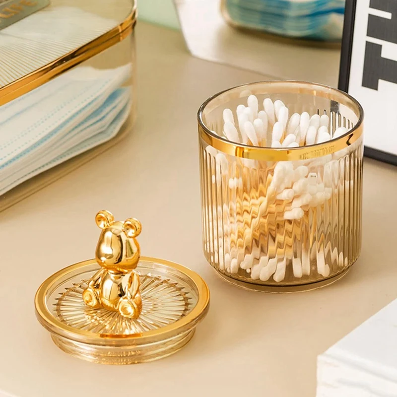 Kotak penyimpan kapas akrilik, penyimpan kapas beruang lucu bantalan katun penata Makeup untuk kotak kapas tahan lama transparan