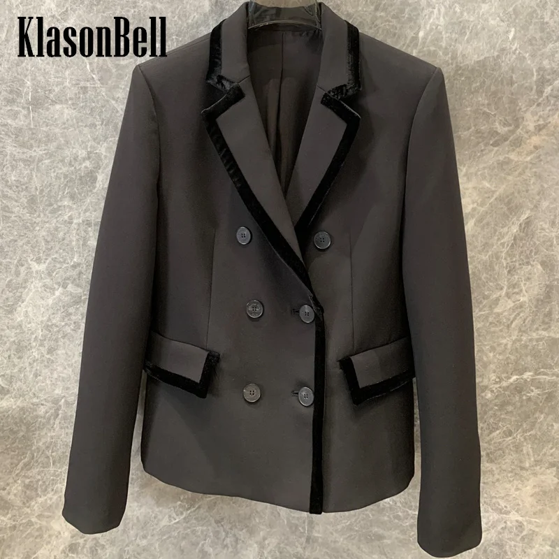 8.14 KlasonBell Women's Fashion New Velvet Spliced Lapel Pocket Wool Blend Jacket Collect Waist Back Split Long Sleeve Blazer