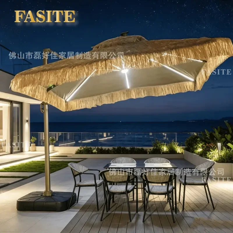 For Outdoor Garden Patio Thatched Straw Umbrella Roman Style Parasol with LED Light Simulation Agritainment Homestay Decor