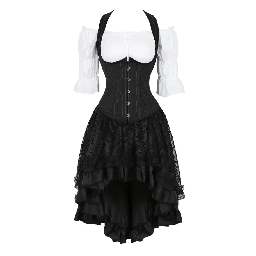 Gothic Steampunk Sexy Striped Underbust Corset Vest With Asymmentrical Floral Lace Skirt Renaissance Blouse Burlesque Costumes