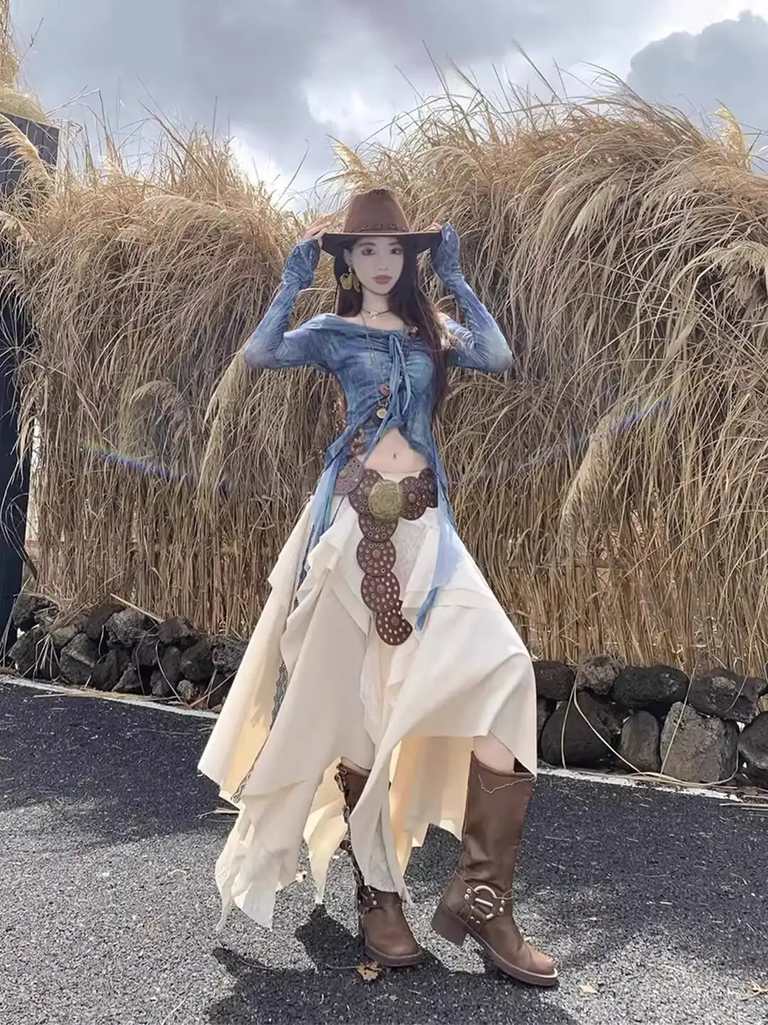 

Women Two Piece Set 2026 Spring Summer Boho White Lace Spliced Irregular Hem Skirt Wasteland Fit Slimming Long Skirt For Women