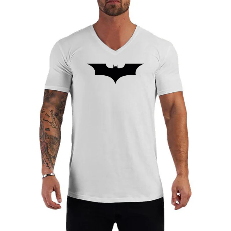 Black Bat Printed Classic Mens T Shirts Summer Fashion Cotton Slim Fit V-Neck Short Sleeve Breathable Casual Sports Tops Tees