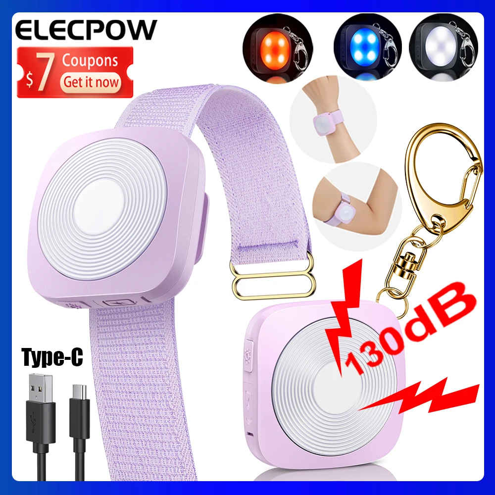 Elecpow Personal Self Defense Alarm, Chaveiro, LED, Luz de Emergência, 4 Modos de Luz, Carregamento Tipo C, Segurança, 130dB