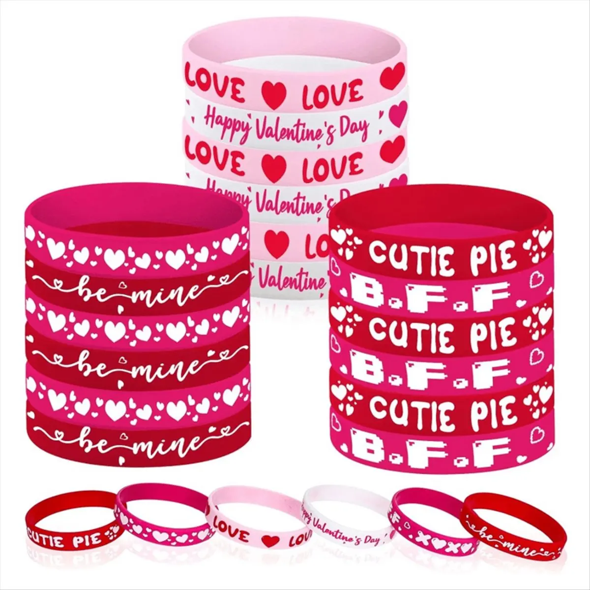 ABNQ 24Pcs Valentine's Day Party Favors Silicone Bracelets Pink Red Love Heart Wrist Bands for Kids Adults Gift (6 Designs)