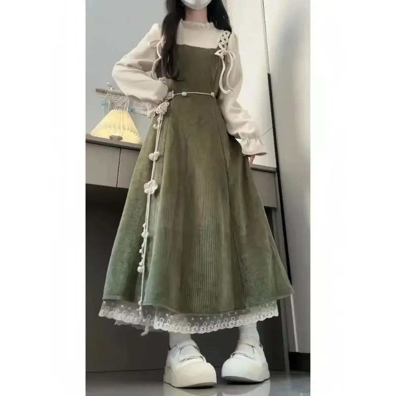 Women's 2025 New Autumn Korean Style Long Sleeve Base Shirt Tops Waist Cinching Slim Effect Shoulder Strap Dresses Two-piece Set