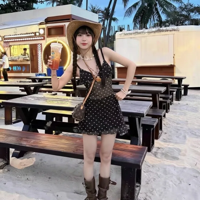 

Black and White Polka Dot Slimming Sexy Small Chest Split Swimsuit Skirt Style Vacation Style Beach Women'sSwimsuit Conservative