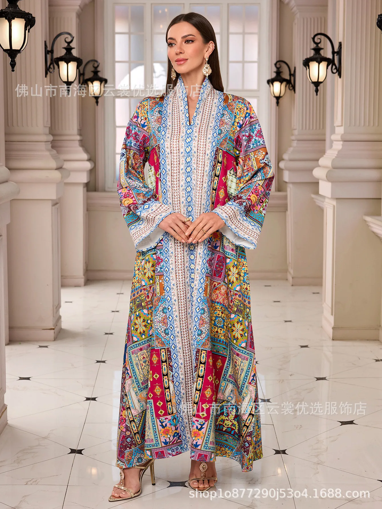 Eid Muslim Women Abayas Dress Print Kaftan Jalabiya Party Dresses Ramadan Vestidos Morocco Dubai Diamonds Islam Arab Long Robe 6