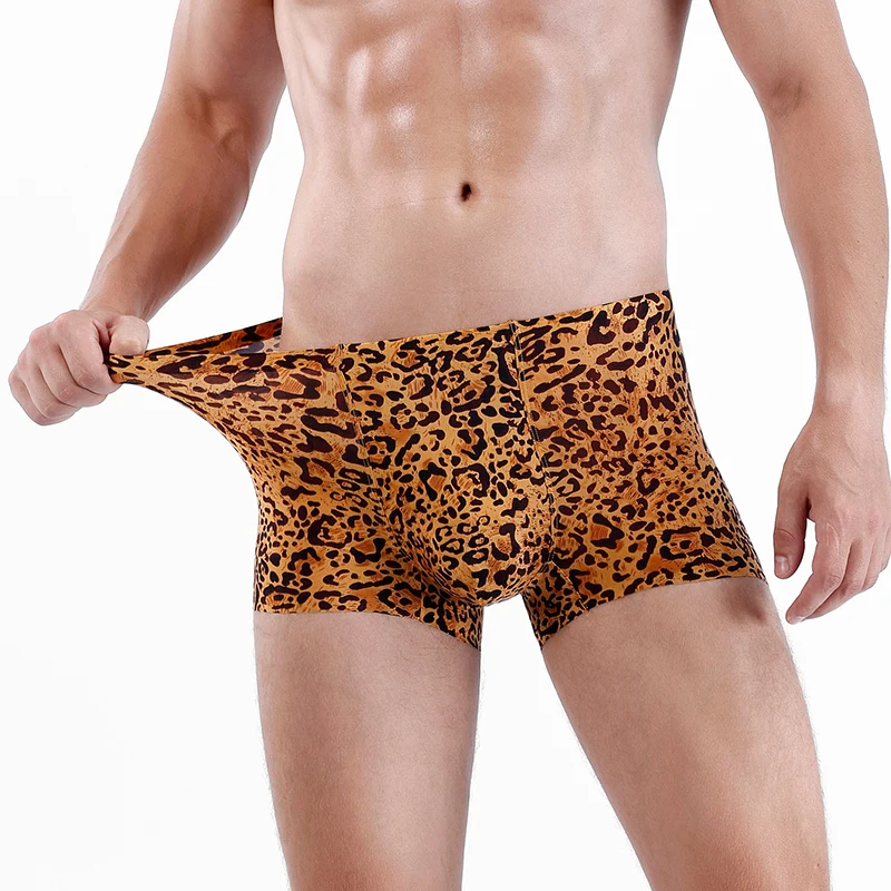 Fashion Leopard Printing Boxershorts Breathable Ice Silk Men\'s Underwear 3D Pouch Shorts Underpants Seamless Male Boxer Pants