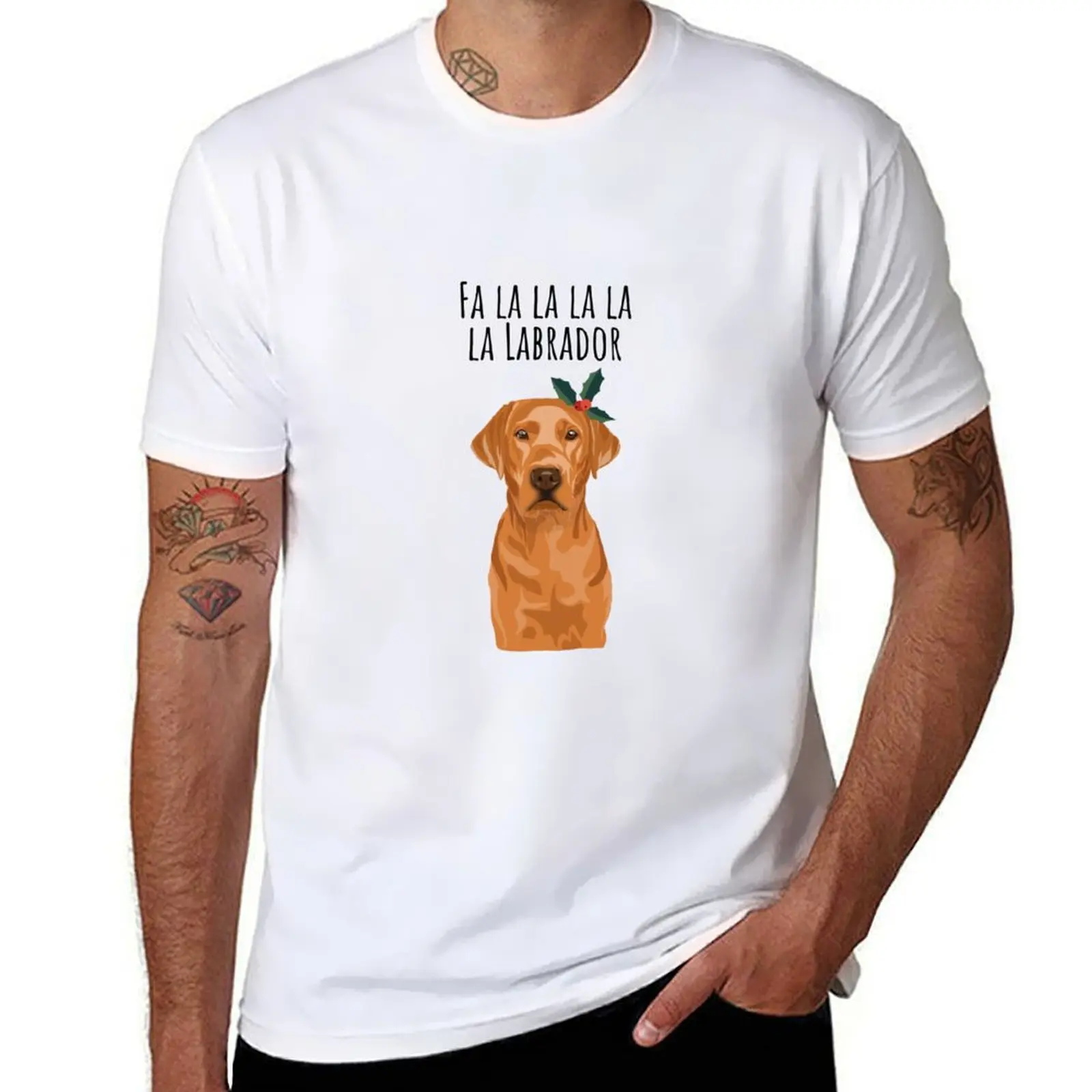 

Fa la la la Labrador - Fox Red Christmas Labrador with Holly T-Shirt valentines boutique clothes Luxury man mens fashion