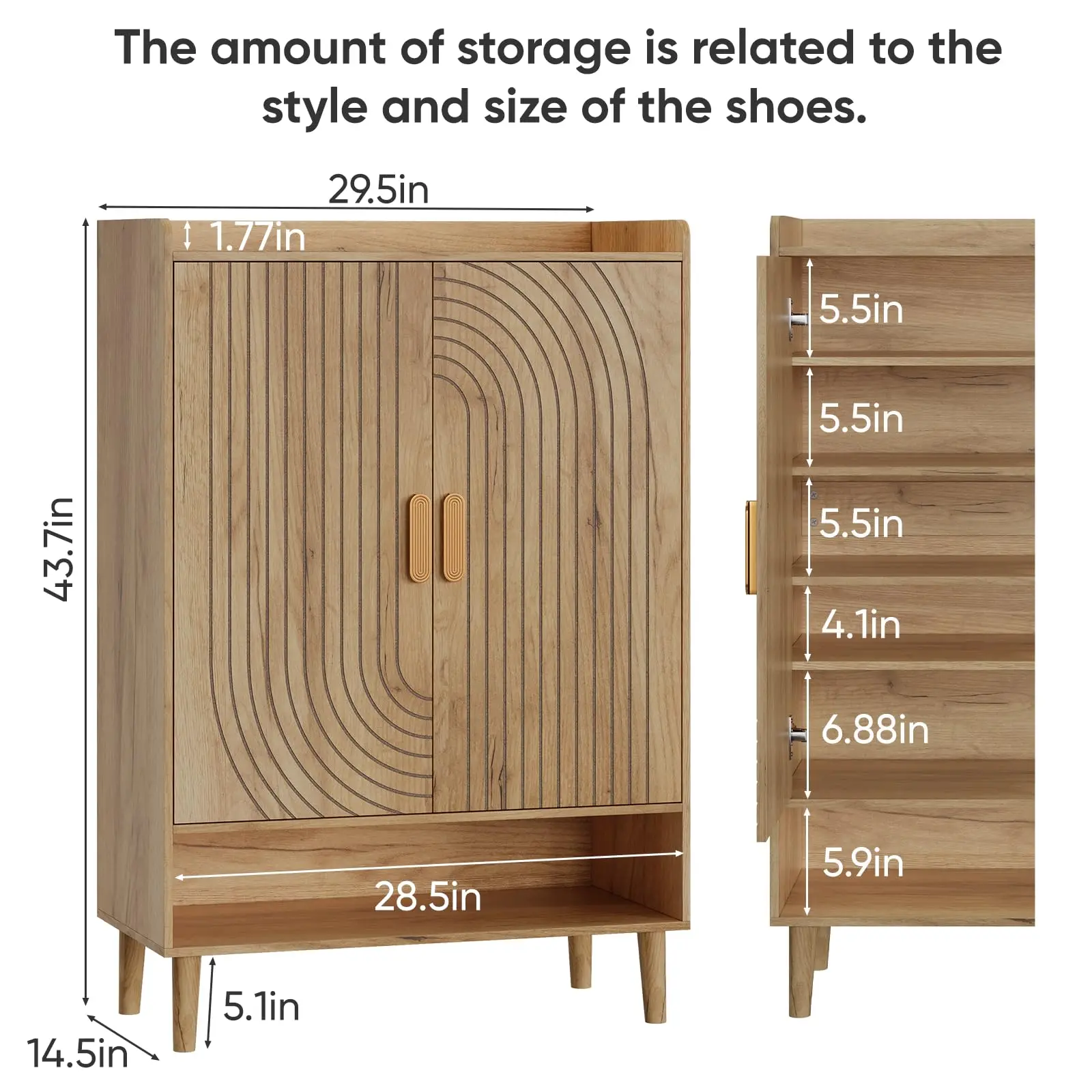 Oak Shoe Cabinet with Line Groove Design, 6-Tier Shoe Storage Cabinet with Adjustable Shelves, Freestanding Shoe