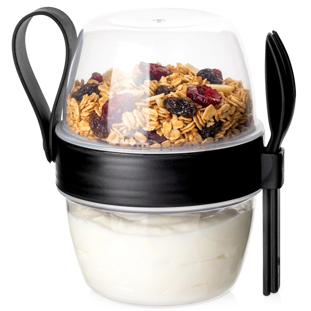 600 ml yoghurtbeker met lepel en vork, lunchbox. 600 ml praktische container voor yoghurtvlokken, muesli, fruit en snacks, met ruimte voor toppings, lepel en vork, perfect voor werk, school, reizen en