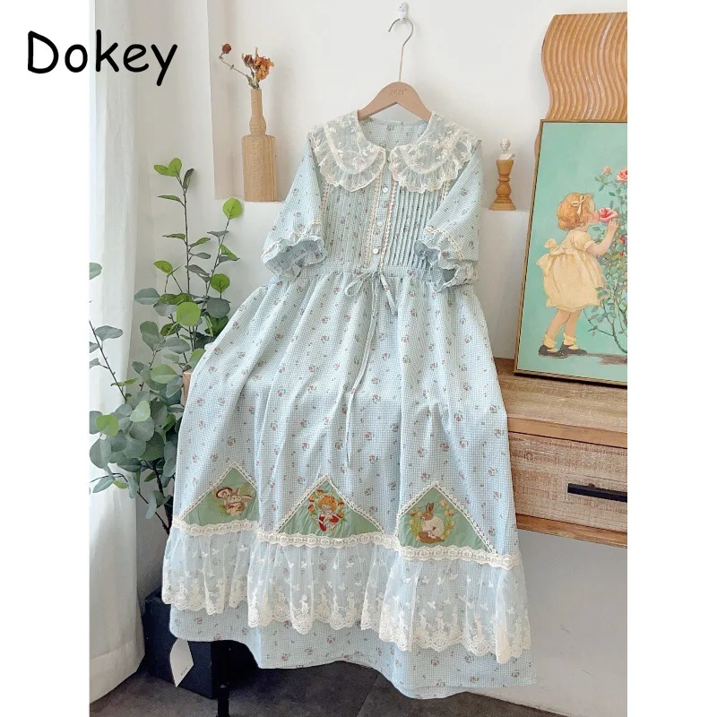 

Mori Girl Style Kawaii Flower Dress For Women Vintage Lace Peter Pan Collar Patchwork Loose Dresses Casual Lolita Fairy Vestidos