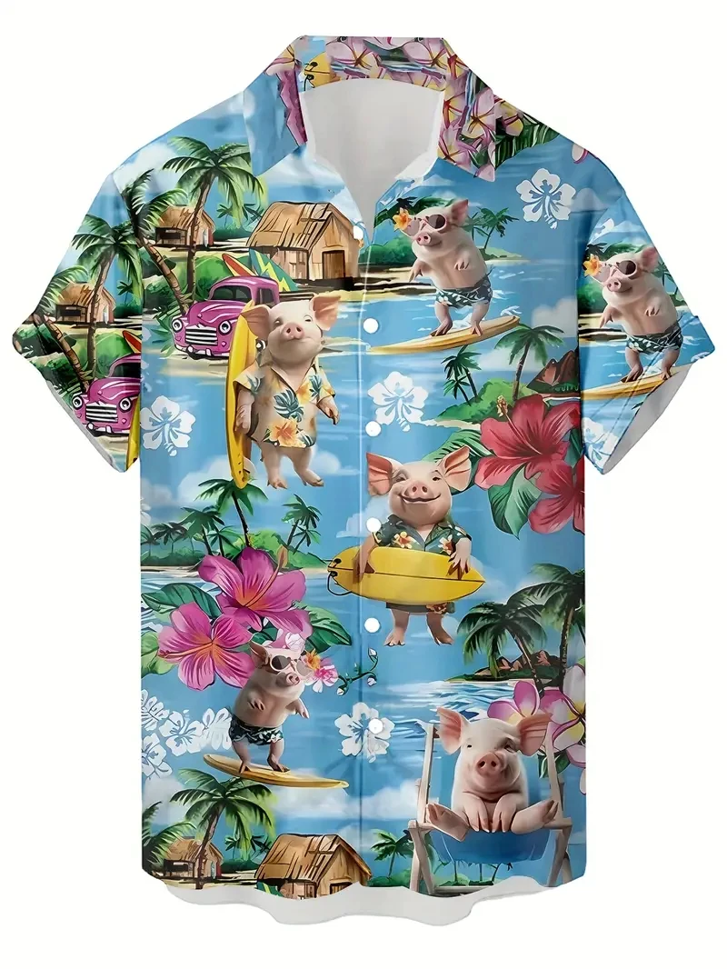 Kemeja Pria Musim Panas Baru 3D Dicetak Kartun Babi Pola Kemeja Hawaii Kasual Dicetak Bunga Lengan Pendek Hawaii Unisex Atasan