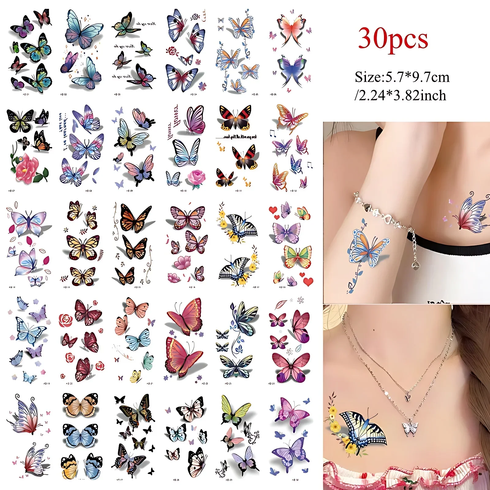 30pcs/set 3D Coloured Butterfly Transfer Tattoos Sticker for Summer Travel Tattoo Adhesive Girls Ladies Kids Hand Wrist Back Arm