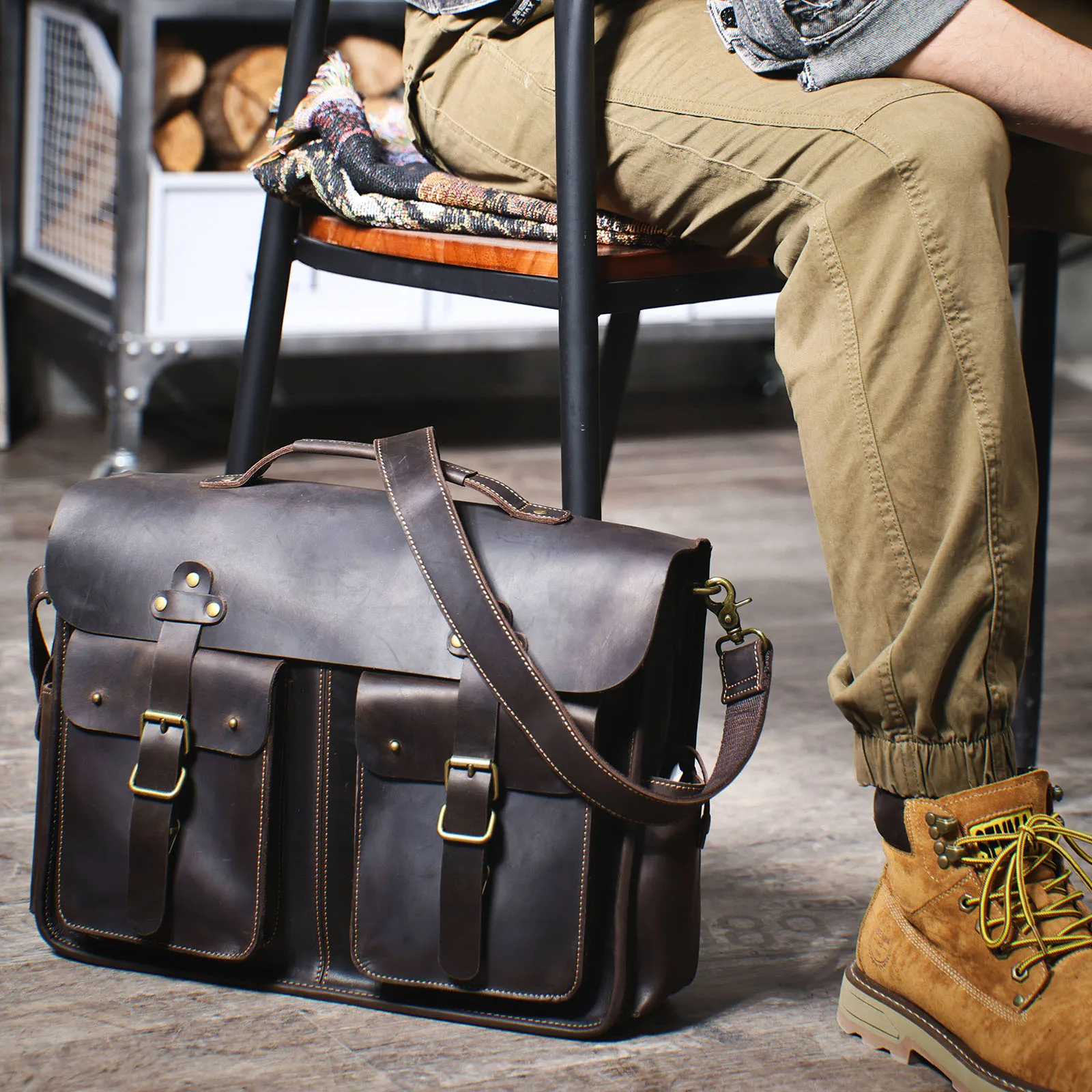 S.WORKER Vintage Echtleder Herren-Aktentasche 16" Laptop-Tasche Crazy Horse Leder Messenger-Handtasche Rindsleder Geschenkidee für Männer – Detail 2