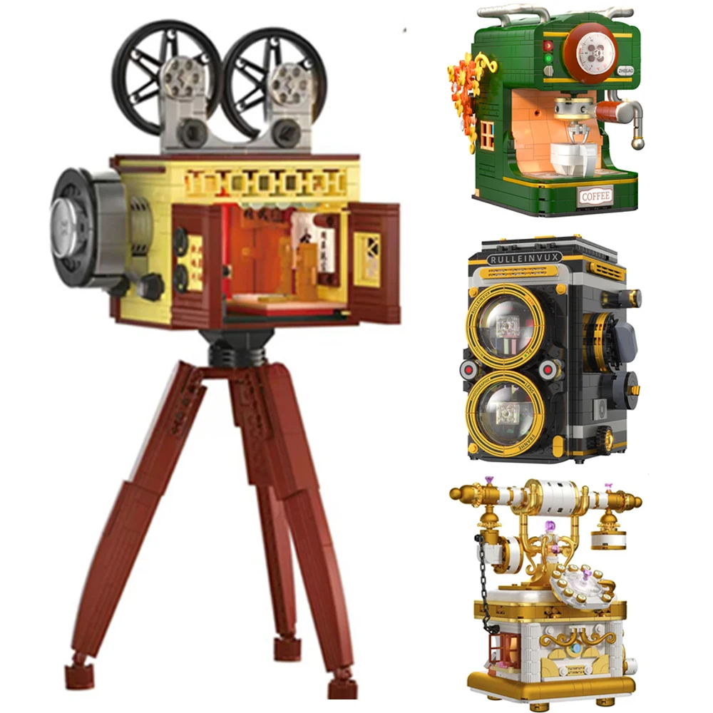 Idea Retro Goods Mini Block Tlr Camera Movie Projector Coffee Maker Telephone Landline Model Building Brick Construction Toy