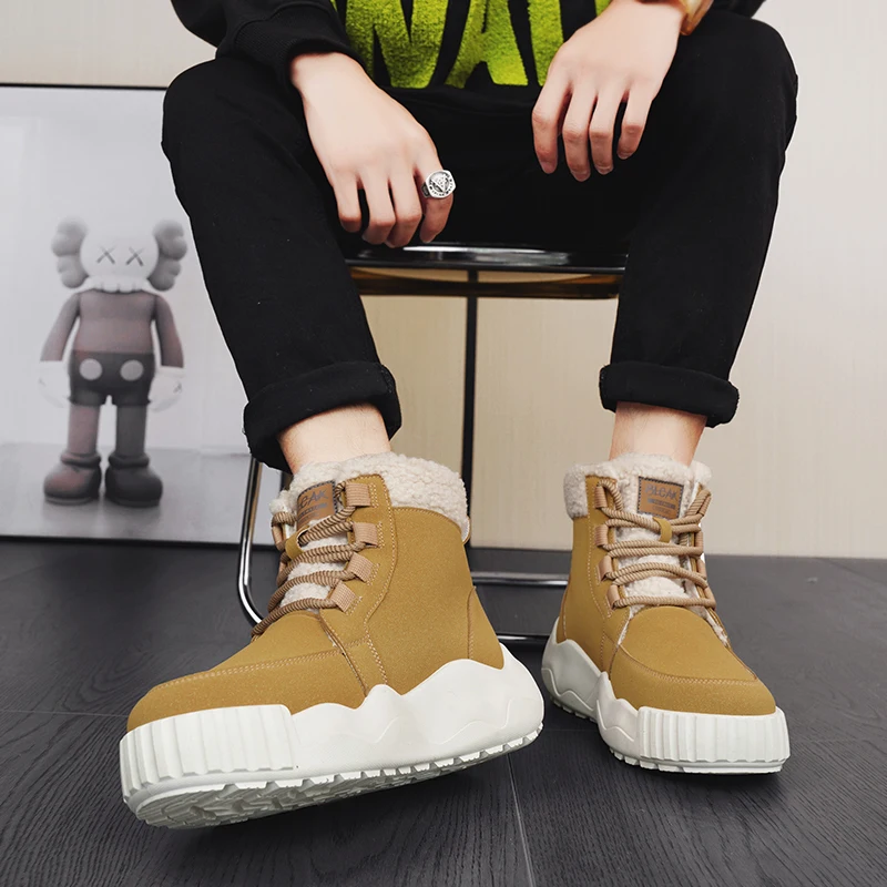 HKDQ Fashion Design Men's Snow Boots Winter Outdoor Velvet Casual Platform Boots Men Original Yellow Warm Furry Ankle Boots Man