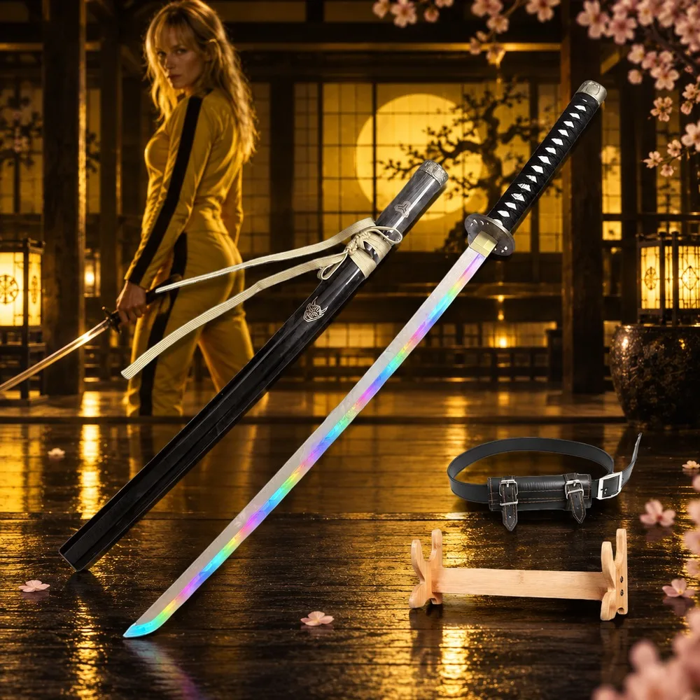 41inch Kill Bill Smoke Effect Japanese Katana Set Plastic Safe Unsharpened Stand Belt Set Movie Cosplay Photo Prop Fan Gift