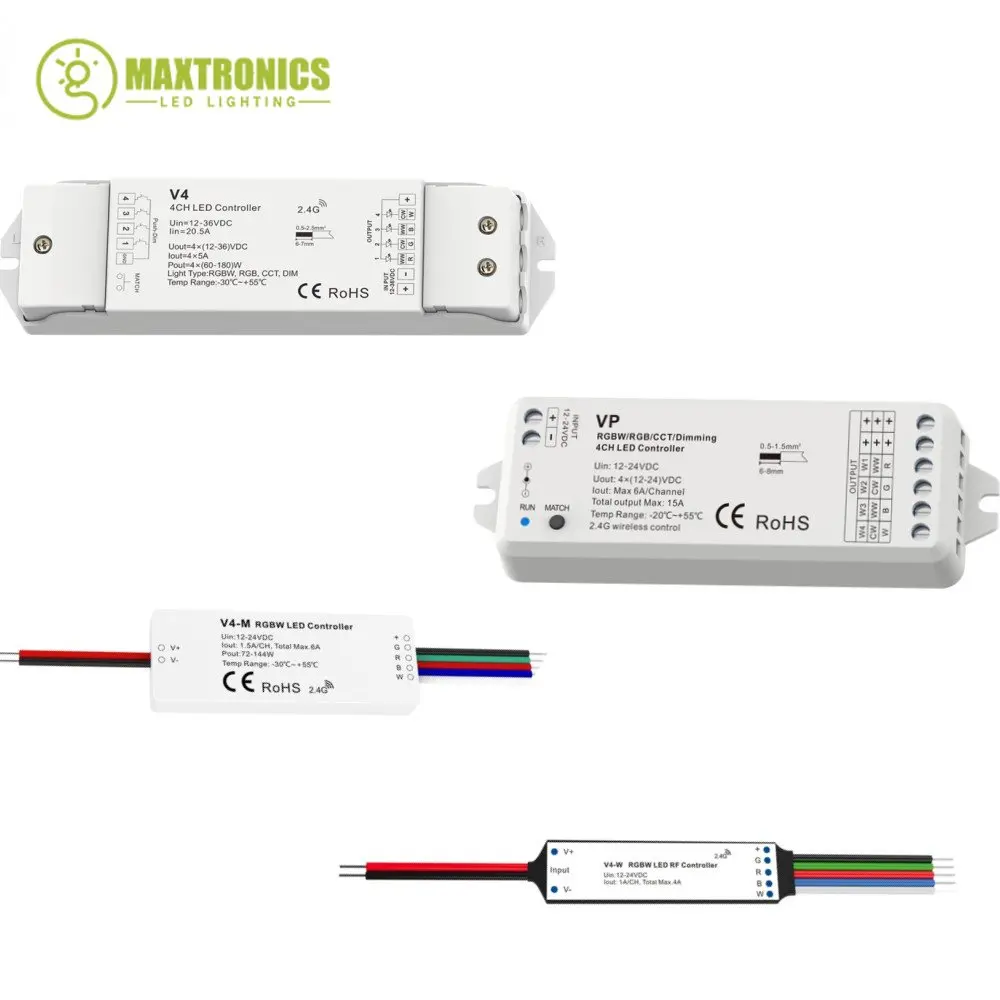 DC12V 24/36V RF 2.4GHz Wireless LED RGBW Dimmer Controller 4 canali Max 720W Per 3528 2835 5050 RGB RGBCW RGBWW LED Strip Tape