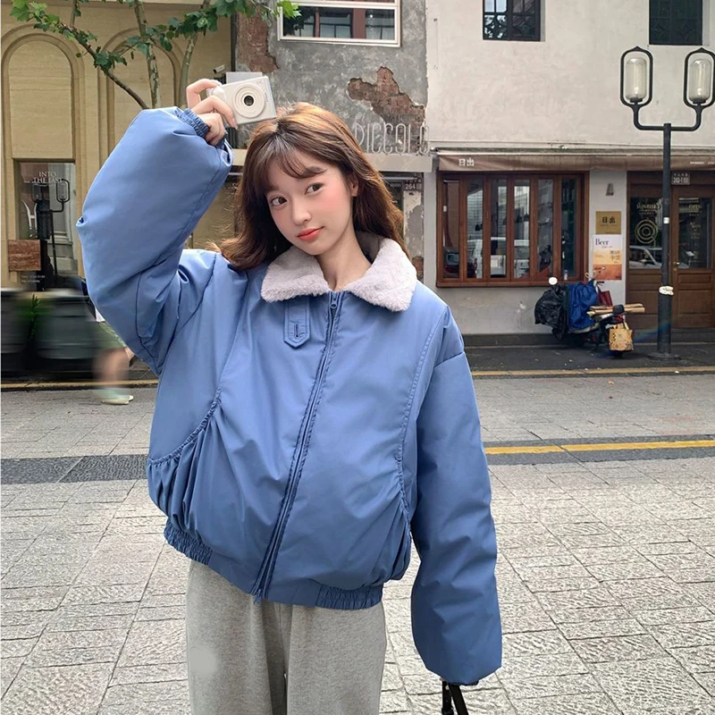 Parkas de muy buen gusto coreano para mujer, abrigos hinchados informales holgados y cálidos con bolsillo y cremallera, prendas de vestir de manga larga con cuello de piel dulce de retazos, novedad