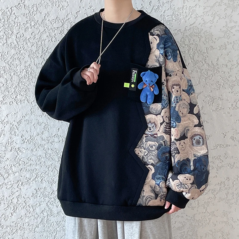 

Y2K Streetwear Contrast Color Bear Printed Men Sweatshirts Harajuku Oversized Autumn Male Pullovers Patchwork O Neck Hoodies