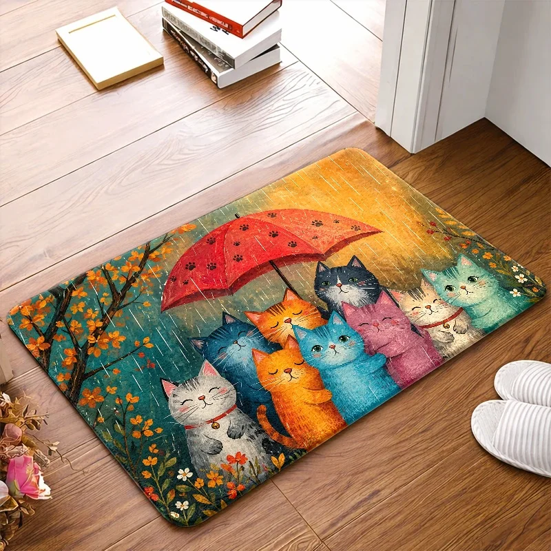1pc, 2pcs, 3pcs Cute Cat Umbrella Pattern Doormats, Durable Stain - Resistant Machine - Washable, Bath Mat Suitable for Living