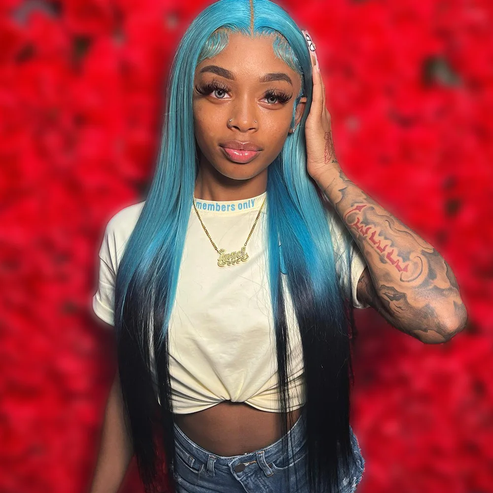 غلويليس الأزرق/أسود شعر طبيعي مفرود الباروكات جاهزة لارتداء 5x5 الدانتيل إغلاق شعر مستعار 100% شعر الإنسان الدانتيل الجبهة الباروكات 200% الكثافة #4