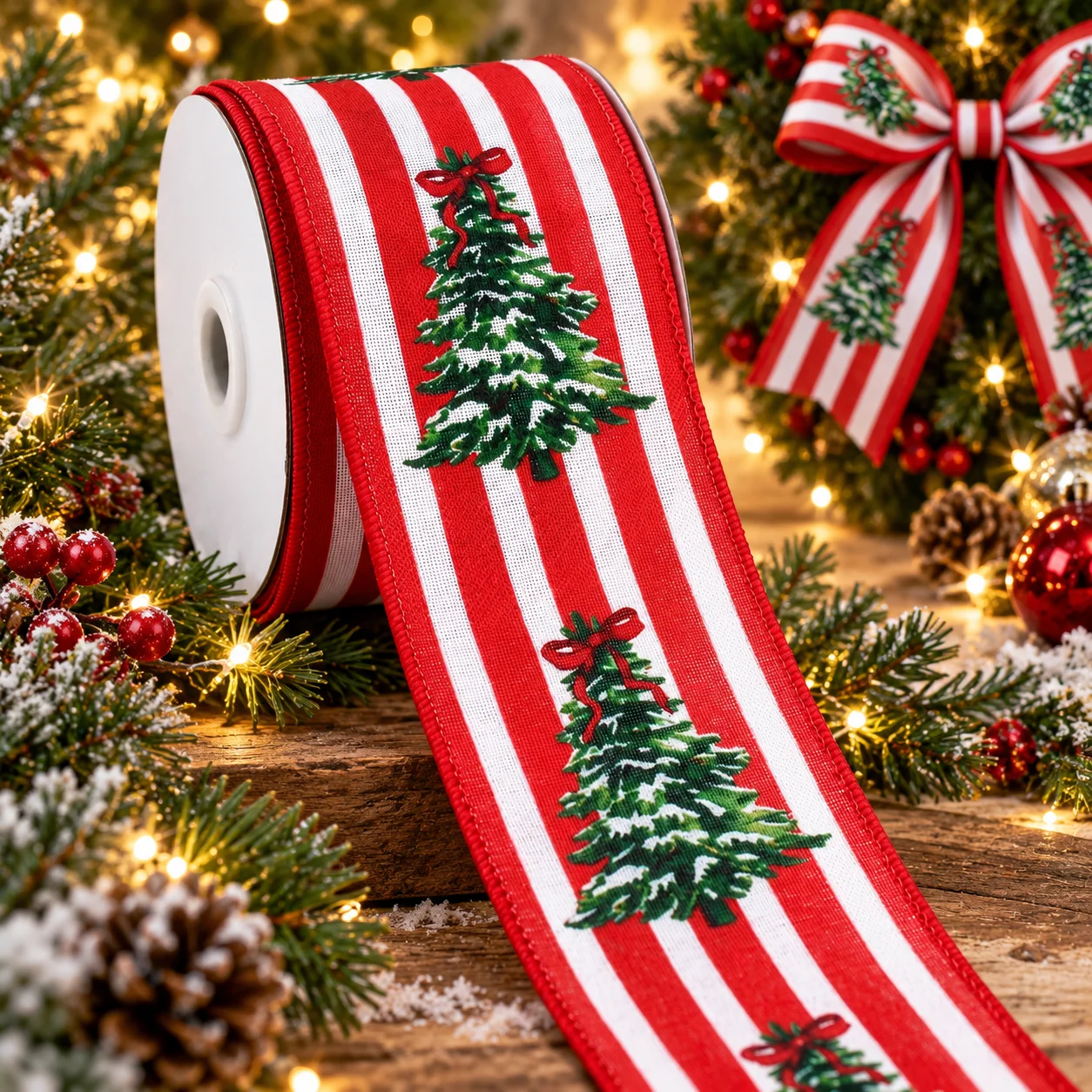 2.5 Inch 5/10 Yards Christmas Wired Ribbon Red White Striped Tree Print Ribbon for Xmas Wreath Bows Gift Wrapping DIY Decor