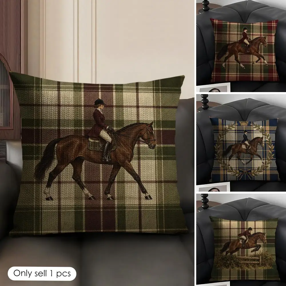 Olive Green Tartan Equestrian Horse Rider Cushion Cover Skin-Friendly Linen Pillow Cover Durable Hypoallergenic Washable Soft