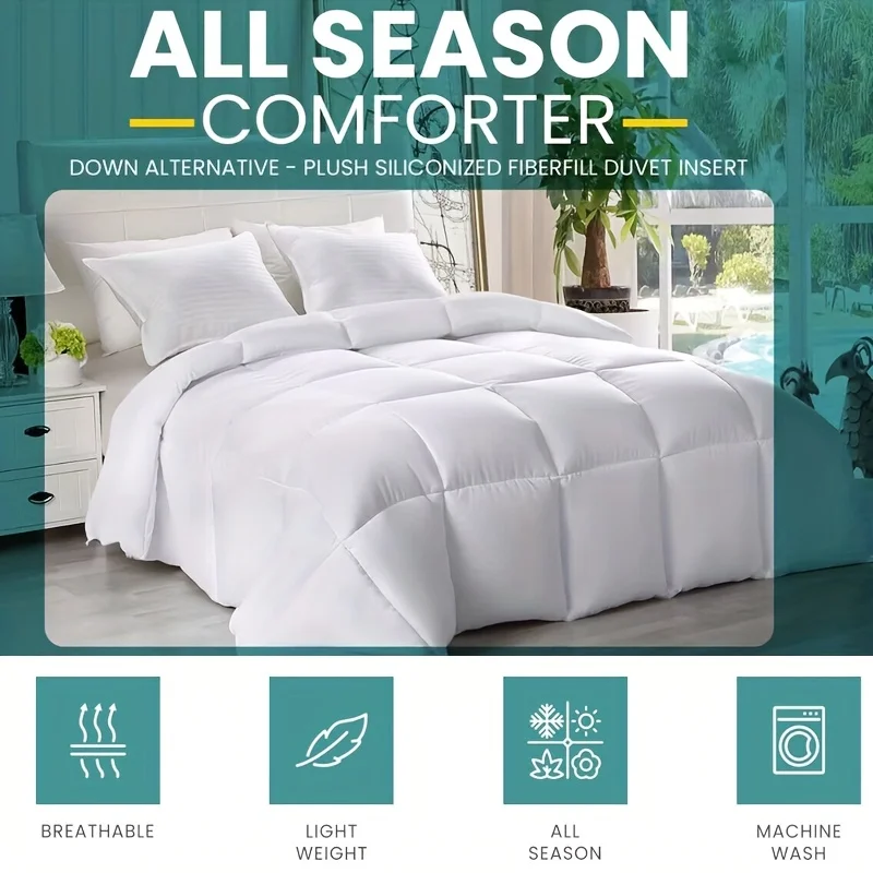 1pc White Comforter All Seasons Down Alternative Bed Duvet Soft Luxury Hotel Quilt Machine Washable Warm Fluffy Comforter