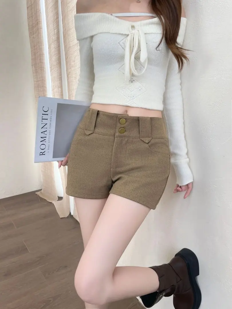 High Waisted Slim Fit Thickened Hot Shorts Women Fall Winter Casual Vintage Bodycon Double-Button Booty Shorts