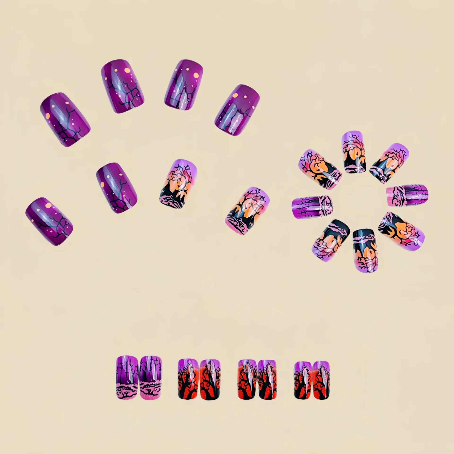 Medium Square fake nails for women gilrs Y2K colors gradient purple blue orange halloween style nail tips press on false nail