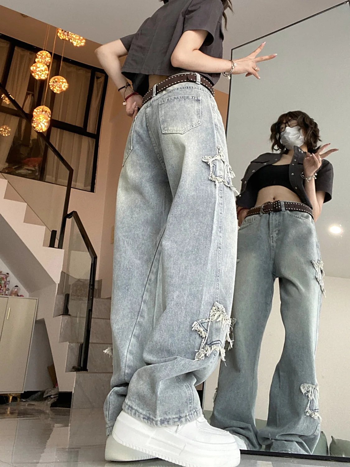 2025 Retro Star Jeans for Women in Autumn, High Waist, Skinny Look, Embroidered Straight Leg Wide Leg Pants, Trendy