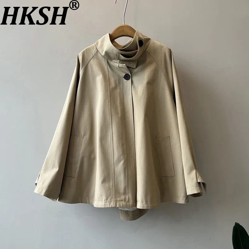 

HKSH Spring Autumn New Women Trench Coat Stand Collar Zipper Oversized Windbreaker Korean High Street Casual Cape Jacket HK12493