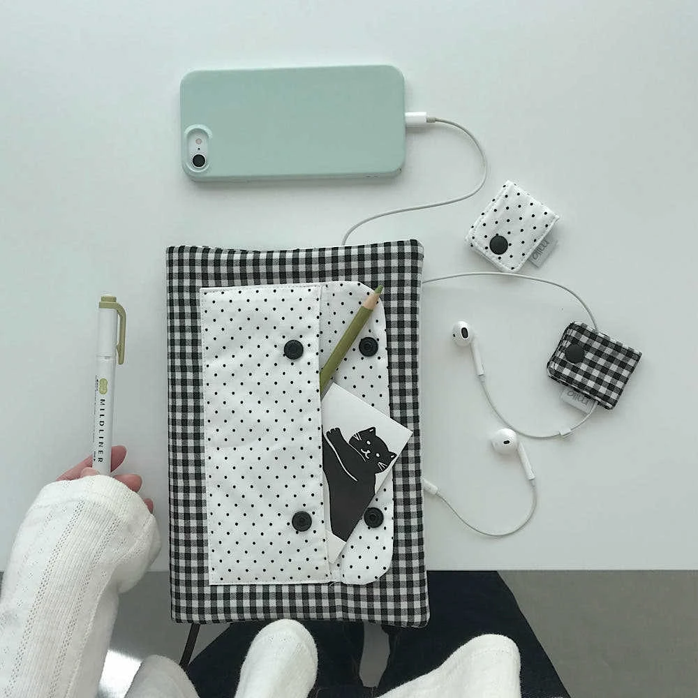 Cute Star Quilted Book Cover Polka Dot Cotton Notebook Sleeve Soft Padded Journal Protector Korean Pencil Case Diary Book Pouch