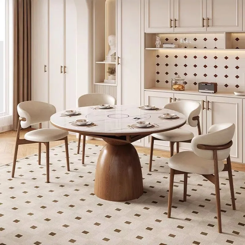 Extendable Rock Slab Dining Table With Built-in Induction Cooker & Warming Plate, Cream Style Solid Wood Base For Modern Kitchen