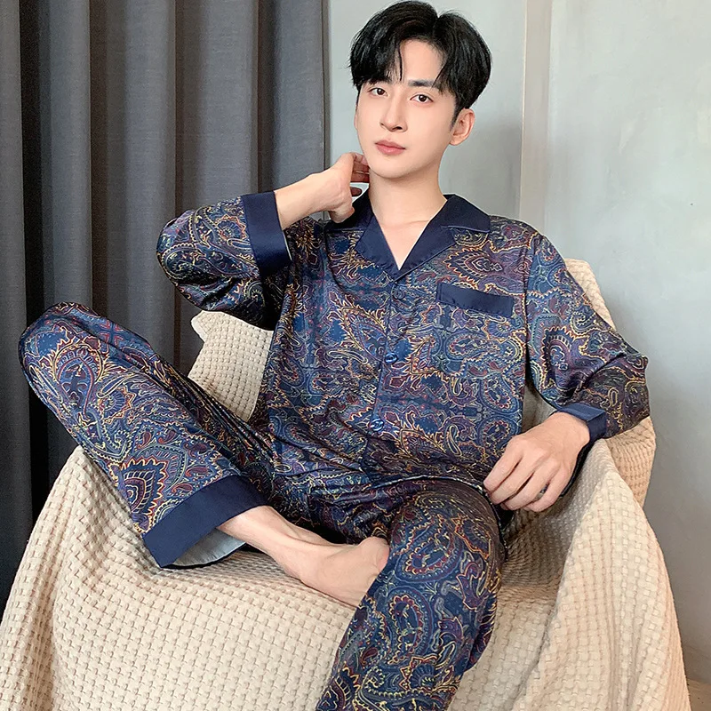 

Men's Long Sleeve Loose Ice Silk Sleepwear Print Thin Spring Autumn Home Clothes Pyjama Set Comfortable Pajamas