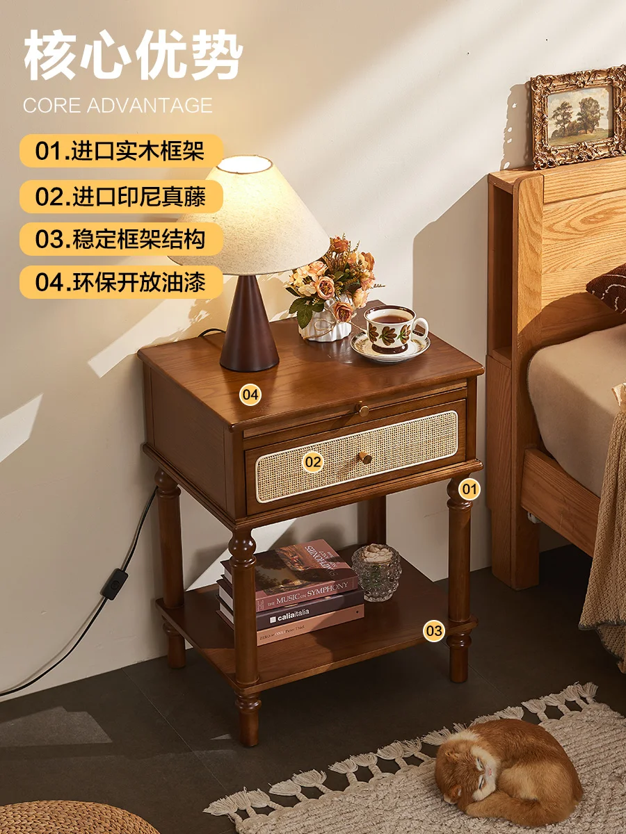 Solid wood modern simple bedroom storage locker, small household mini small storage rattan bedside table 3