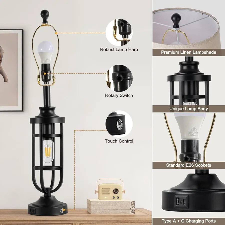 مصابيح طاولة مقاس 28 بوصة لغرفة المعيشة مجموعة من 2 مصابيح مزرعة للحوامل الليلية مع مصابيح بجانب السرير USB A + C لطاولات نهاية غرفة النوم