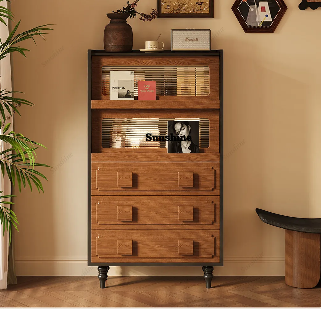 

Medieval style solid wood glass bookcase small apartment locker household living room vertical cabinet