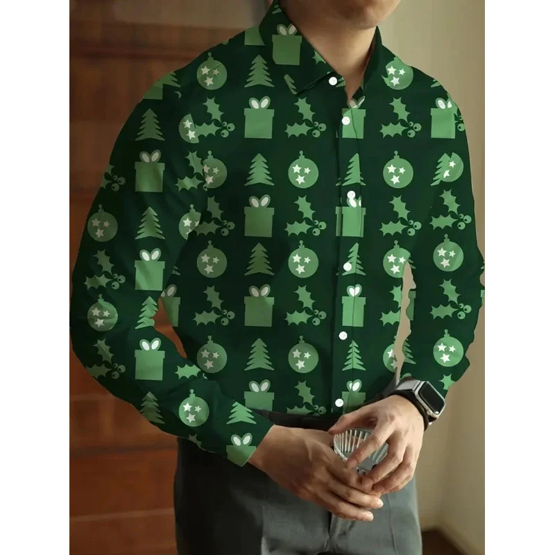 Men'S Elegant Casual Shirt - Black with Abstract Green Graphic Print, Long Sleeve Button-Up, All-Season Regular Fit,