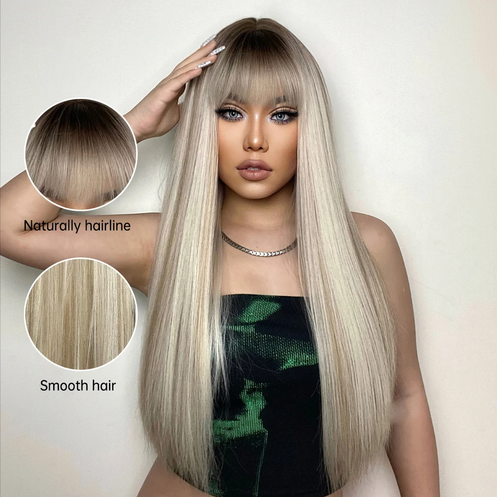 ALAN EATON Long Platinum Blonde Straight Wigs with Bangs Synthetic Light Blonde Heat Resistant Natural Women Daily Cosplay Hair